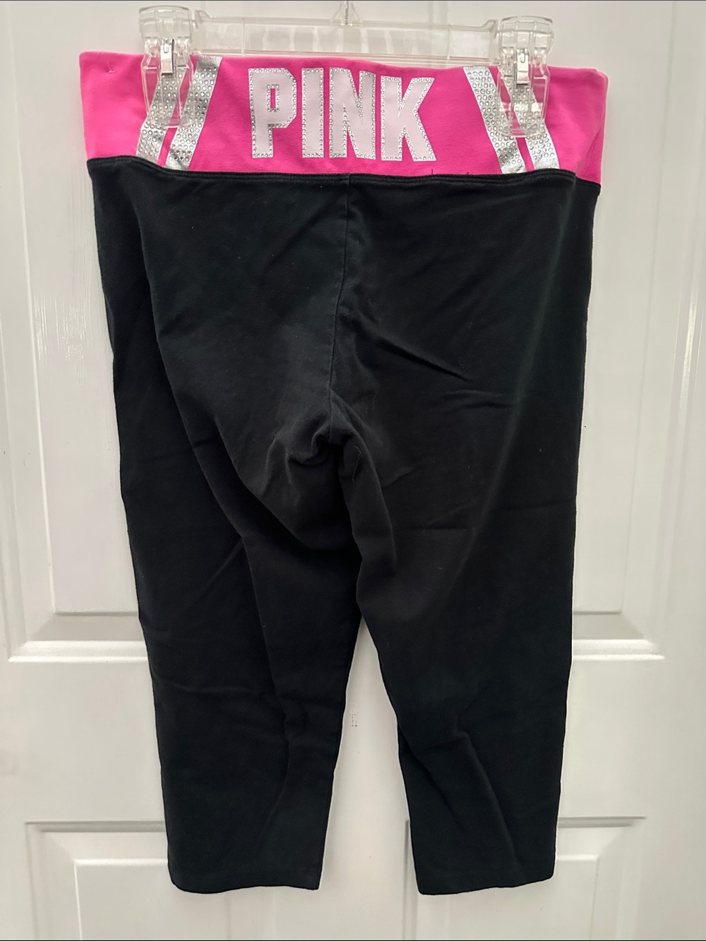 PINK Victoria's Secret Black Capri Leggings with Hot Pink Logo Waistband